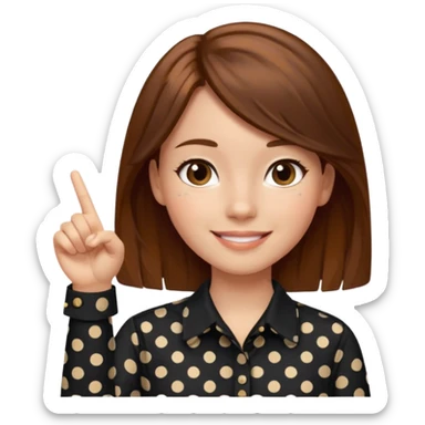 girl wearing a  black polka dots  shirt style, and poiting witgh her hand, her hair brown  sticker