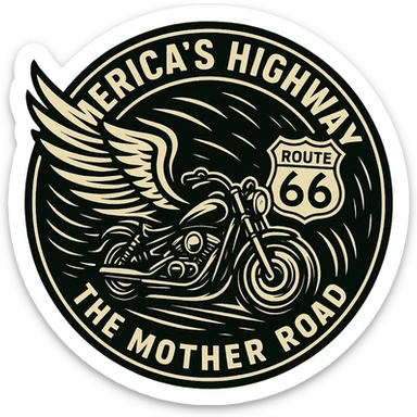 circular design for motorcycle cap, transparent background, text 'AMERICA'S HIGHWAY - ROUTE 66 - THE MOTHER ROAD', motif: wing, motorcycle, Route 66 sign, dynamic style sticker