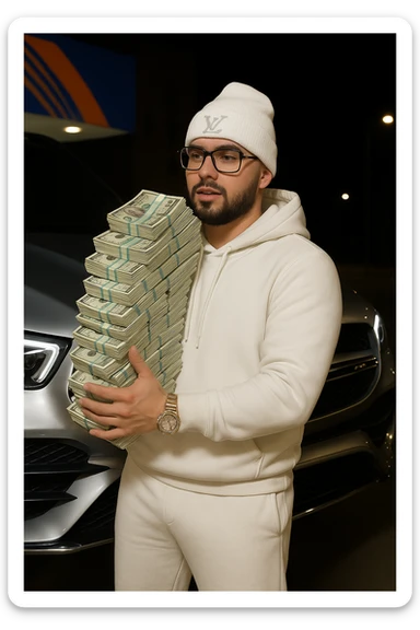 Add Cartier glasses to the person in the image. Keep all previous changes: white skin tone, black goatee and facial hair, white hoodie, white sweats, white Louis Vuitton beanie, realistic money, everything else chrome, AMG in the background. Maintain a realistic and detailed style. sticker
