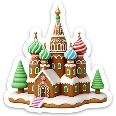 Apple style 3D emoji of a gingerbread house shaped like Saint
Basil's Cathedral. Detailed icing patterns, colorful candy domes, dusting of powdered sugar as snow. Warm cookie texture, cute 3D render, isolated on a white background, festive look. sticker