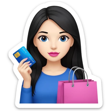 Girl with long black hair, pink lipstick, brown eyes holding shopping bags and blue credit card sticker
