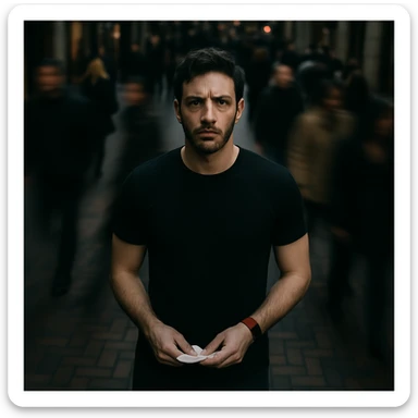 Cinematic overhead shot, reference person, no headphones, black shirt, athletic build, standing still on a brick city sidewalk, motion-blurred crowd, moody lighting, 35mm film look, shallow depth of field, sharp focus. Urban. Render in a style suitable for cinematic photography with moody lighting and shallow depth of field. sticker