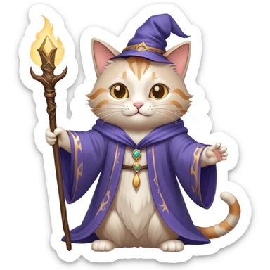 A cat wizard casting a spell with magical staff and flowing robes sticker