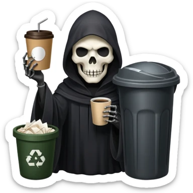 grim reaper with a coffee and trash can with papers  sticker