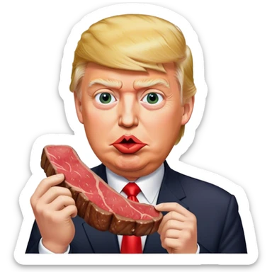 photorealistic Donald Trump eating a steak shaped like an piece of land sticker