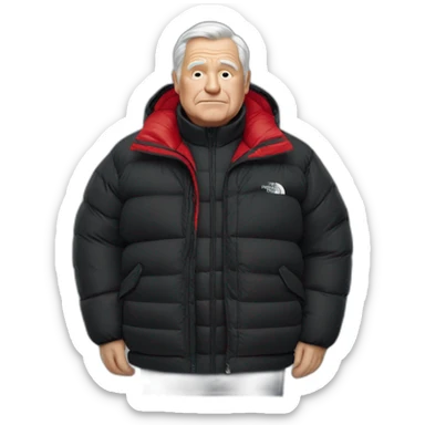 old white man overweight with black and red supreme north face puffy jacket  upper body bust sticker