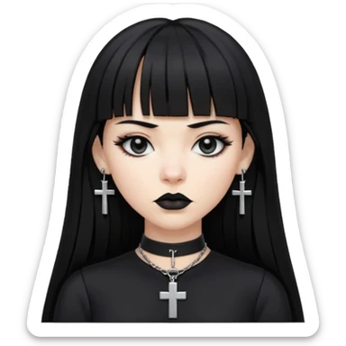 vampira parda com cabelo preto longo e liso e franja, olhos pretos, brincos em formato de cruz, choker em formato de cruz, roupa preta com decote, batom preto e séria sticker