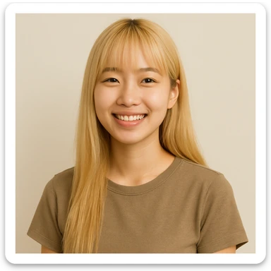 Korean girl with long blond hair and bangs, smiling, minimal background sticker
