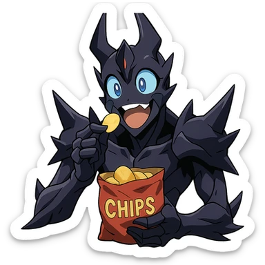 anime style Beru from Solo Leveling eating chips, expressive and cute sticker