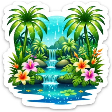 Lush exotic tropical sparkly colorful flowery jungle nature glittery water wildlife scenery  sticker