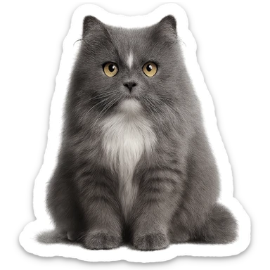 cute Persian cat with long gray fur, white spot on forehead, white chest, big yellow-green eyes sticker
