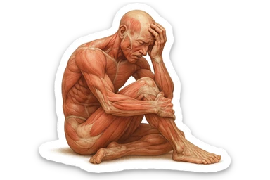 corpo umano anatomico realistico seduto a terra con postura delle spalle chiuse, mani sulla fronte ed espressione disperata in volto, isolato su sfondo bianco sticker