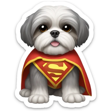 A shitzu, gray color, dressed as a fireman with a Superman cape  sticker