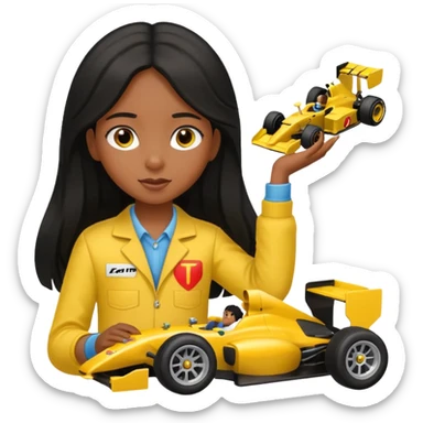  long black haired black girl kid playing yellow colored formula 1 car toy sticker