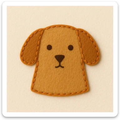 Minimal felt patch of a dog with soft matte felt, muted orange stitched edge, low detail, small round eyes, simple triangle nose, no mouth, warm color palette, flat perspective, off-white background sticker