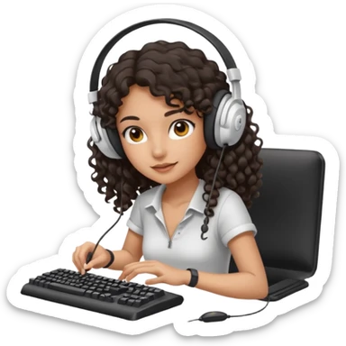 Spanish girl with long dark curly hair, wearing a white gaming headset and playing on keyboard with a gaming mouse in one hand sticker