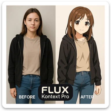 create before after image of a girl before is realsitic photo, after is anime version of her in same pose and clothes, add logo with text of a "FLUX Kontext Pro" sticker