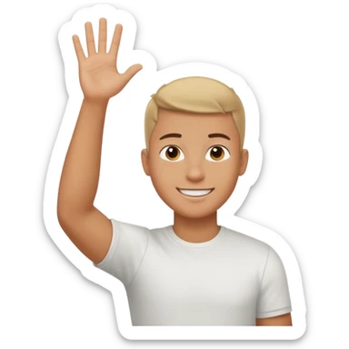 joven bronceado corte de soldado oscuro muy cortito polera blanca sonrisa bonita saludando mano arriba sticker