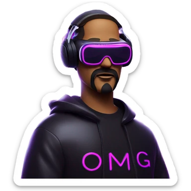 Big Lebowski wearing a black hoodie with "OMG" letters on it and VR headset oculus quest 2 in a cyberpunk VR environment with violet neon lighting. sticker