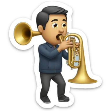 Man blowing a trombone with bump sticker