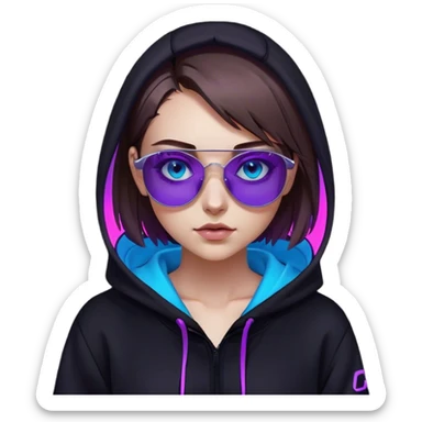 
girl with brown bob and blue eyes in a black hoodie and sunglasses. Cyberpunk style. Violet neon. sticker