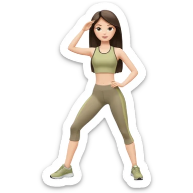 A white Barbie girl with long dark brown straight hair in a pale olive clothes doing exersises sticker