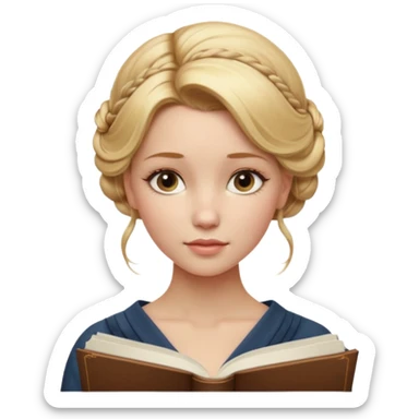 Cinematic Realistic Journal Portrait, depicted with lifelike skin texture, subtle rosy undertones, and soft natural lighting that enhances the gentle contours of her face. Her intricately detailed golden blonde hair is elegantly styled in an updo, sticker