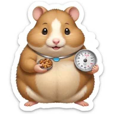 fat hamster holding pregnant belly smiling holding a tiny food scale sticker