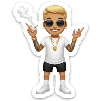 Fox standing, white t shirt, tattoos arms and legs, gold necklace, gold bracelets, big smile with gold teeth, smoking, dark sunglasses, black shorts white drawstring, white socks, sticker