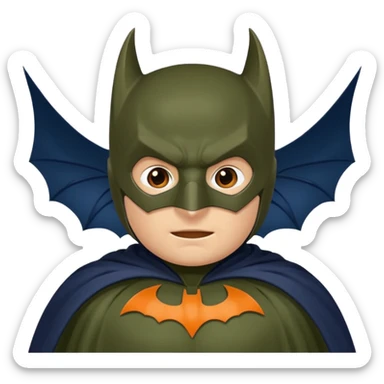 generate a batman emoji with just the face and neck showing and part of the cloak and and wings. Shade the bat logo on the chest in a bright  olive green. Shade the mask in dark navy blue.  Shade the cloak in a solid vibrant orange.  sticker