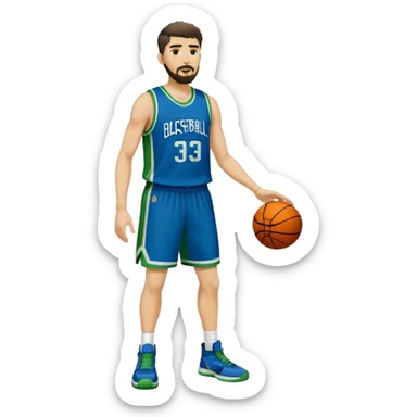 Full Body  white male basketball player with short dark shaggy hair and goatee beard wearing blue and green uniform sticker