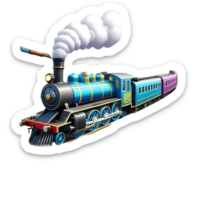 An icon showing a vibrant PC game train simulator scene with a steam locomotive traveling through a colorful countryside. The design features lush landscapes, winding tracks, and detailed railway elements, symbolizing the strategy and creativity of simulation games. Transparent background sticker
