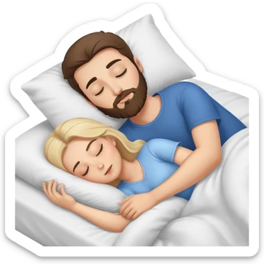 Brunette women sleeping in bed on white blonde man with beard sticker