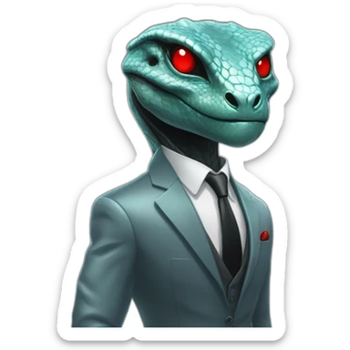 Aquamarine reptilian in classic black suite with red laser eyes on the middle of platinum coin sticker
