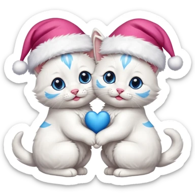 two hugging white happy fluffy cute kittens with Santa hats sticker