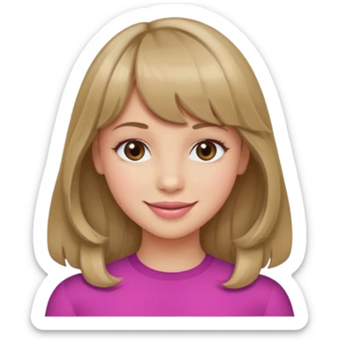 A girl with wavy, dark blonde hair, straight bangs, and straight eyes. She is smiling. sticker