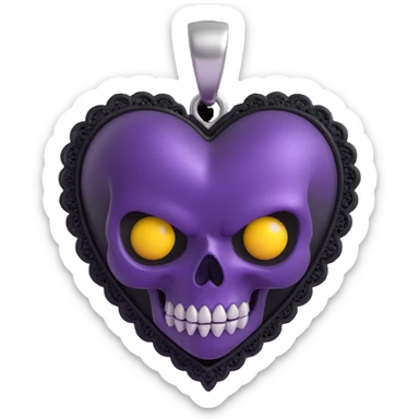 3D emoji gothic heart, dark purple satin texture, silver skull charm, black lace trim, moody and elegant style sticker