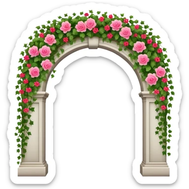 White tall archway with vines, ivies, and romantic pink and red flowers  sticker