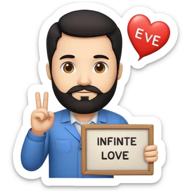 emoji de professor de matemática com barba, gordinho, cabelo preto e uma placa escrito "amor infinito" sticker