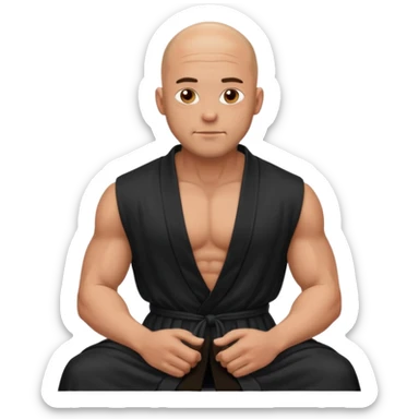 fullbody jacked bald guy, sleeveless and unbuttoned in full black robe sitting sticker