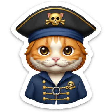 Premium 3D emoji icon of a cute ginger cat pirate, wearing a **deep navy blue** velvet pirate hat with a silver skull icon, and a black and gold captain's jacket. Glossy finish, claymorphism style, soft studio lighting, isolated on white background, 8k resolution, stylized professional look --v 6.0 sticker