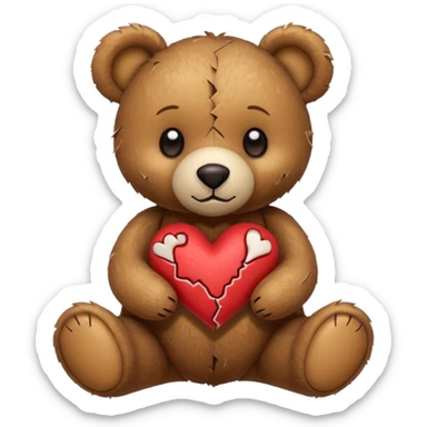 broken toy bear with a stitched heart sticker