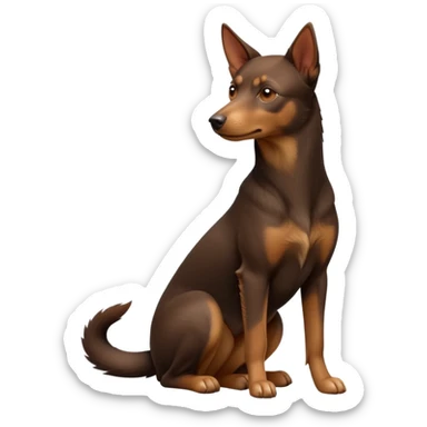 cinematic-[australian kelpie]-realistic-full-body-sitting-emoji,-tail-resting-loosely-beside-its-paws,-head-tilted-dramatically, -sleek-[Brown and tan]-fur,-simplified-yet-realistic-focused-features,-highly-detailed,-glowing-with-an-almost-sarcastic-glow sticker