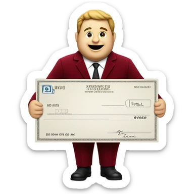 fat guy in dark red velvet suit holding cheque sticker