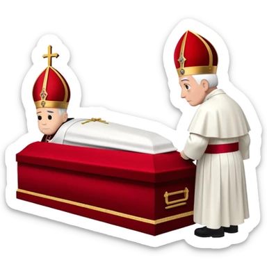 A solemn papal funeral with St. Peter's Basilica, a coffin draped with red cloth, and clergy in ceremonial attire sticker