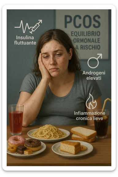 Donna tra i 25 e i 35 anni, seduta a tavola con un’espressione stanca e gonfia. Sul tavolo ci sono alimenti sbagliati per la sua condizione: dolci raffinati, pane bianco, pasta, bibite zuccherate. Intorno al suo corpo si vedono elementi simbolici che rappresentano gli effetti della PCOS peggiorata: insulina fluttuante, androgeni elevati, infiammazione bassa cronica. La sua pelle appare acneica, gonfiore addominale visibile, sguardo affaticato. Sullo sfondo, un cartello sfocato con scritto 'PCOS – equilibrio ormonale a rischio'. Stile realistico con elementi simbolici, toni freddi ma chiari in italiano sticker