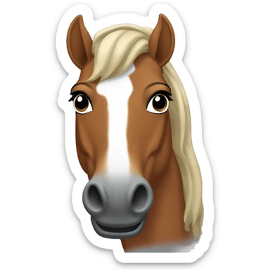 A chestnut horse with black mane on buck teeth, wearing a grey t-shirt sticker