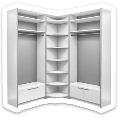 Glossy white PVC corner closet with L-shaped design, fitted into a sharp room corner. Clean, simple shelves and smooth panels with subtle shadows to show depth. Minimalist look with modern vibes, no handles or textures, emoji-style with bright highlights and soft gray edges to define structure. sticker