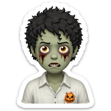 Boy, zombie, black hair, curly hair with white tips, shaggy, dark, spooky, creepy expression, white shirt sticker
