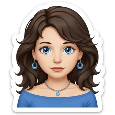 woman with long wavy shag haircut, brunette hair, blue-grey eyes, wearing a boatneck top, septum piercing, emoji style sticker